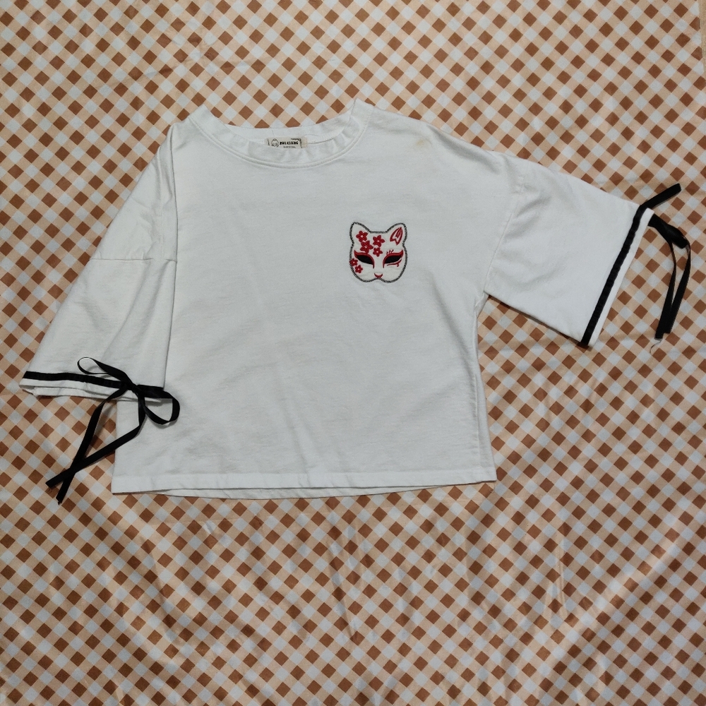 White Shirt with Embroidered Cat Mask